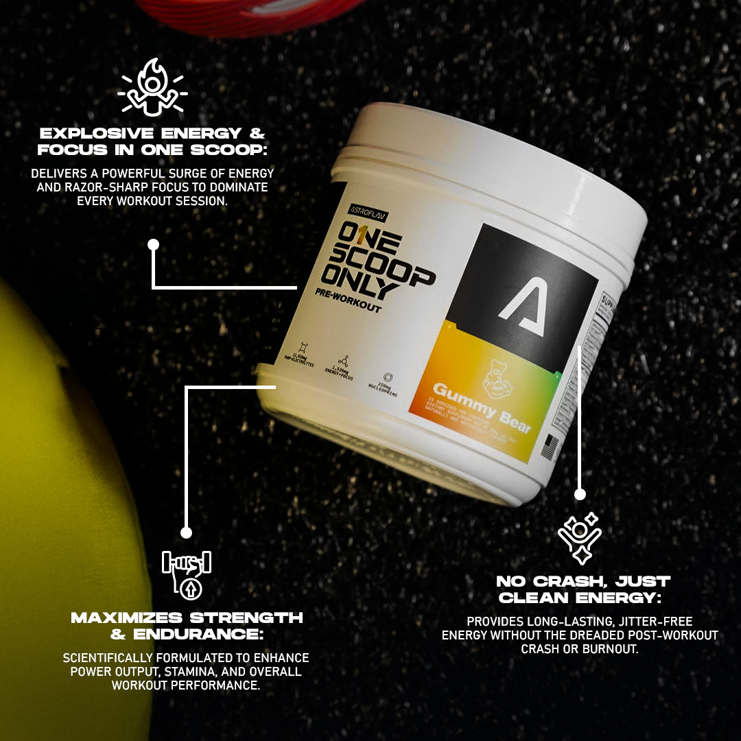 Pre-workout supplement container with text highlighting its benefits on a dark background